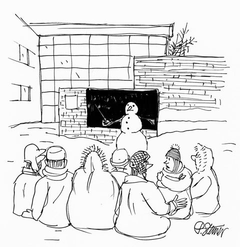 A cartoon of a snowman in front of the outdoor classroom chalkboard lectures to students huddling in parkas. One student turns to the other to say something. 